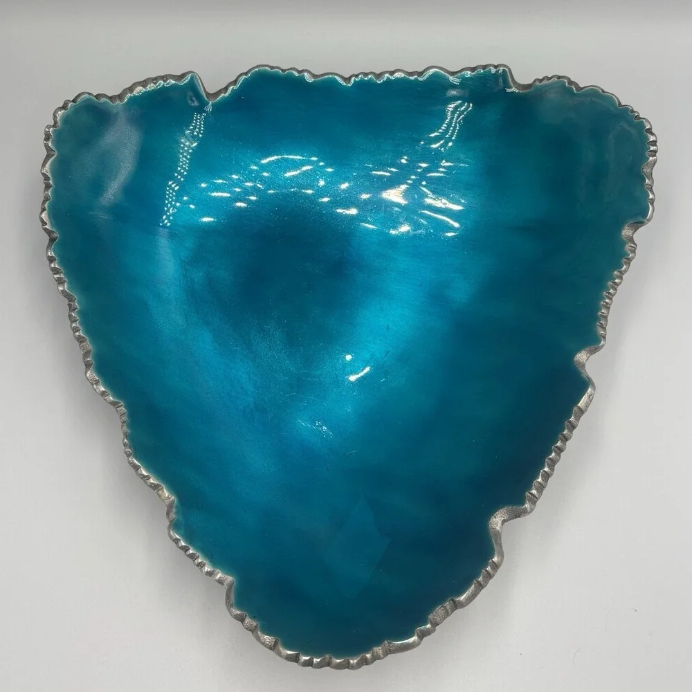 Vintage MCM Blue Enamel Silver Aluminum Triangle Dish With Rigged Edges RETRO